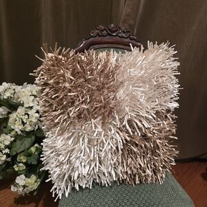 Elegant Fringe Decorative Down Pillow Ivory Taupe Metallic Thread Cloud 9 Design